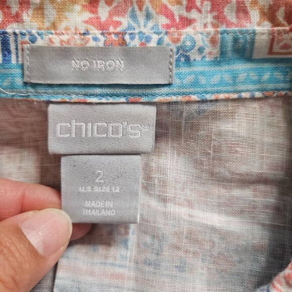 Chico's Women's Blouse SZ 2 US 12 Large No Iron 100% Linen Floral Coastal Tile - Picture 5 of 11